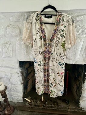 Anthropologie Cream Floral-Embroidered V-Neck Midi Dress